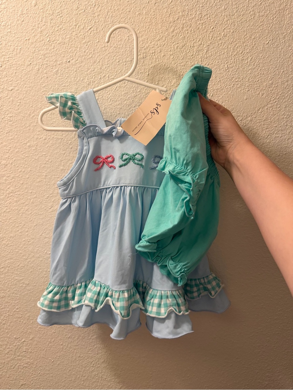 Light Blue Ruffle Toddler Dress with Bow Embroidery and Mint Shorts
